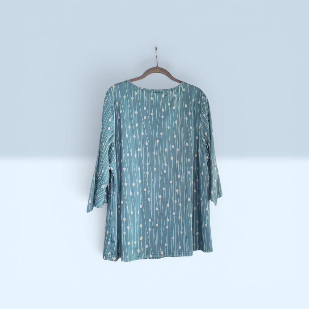 Zolucky Teal Blue Abstract Dotted Line Pleated Henley Bell Sleeve Blouse 1X EUC - Picture 2 of 7